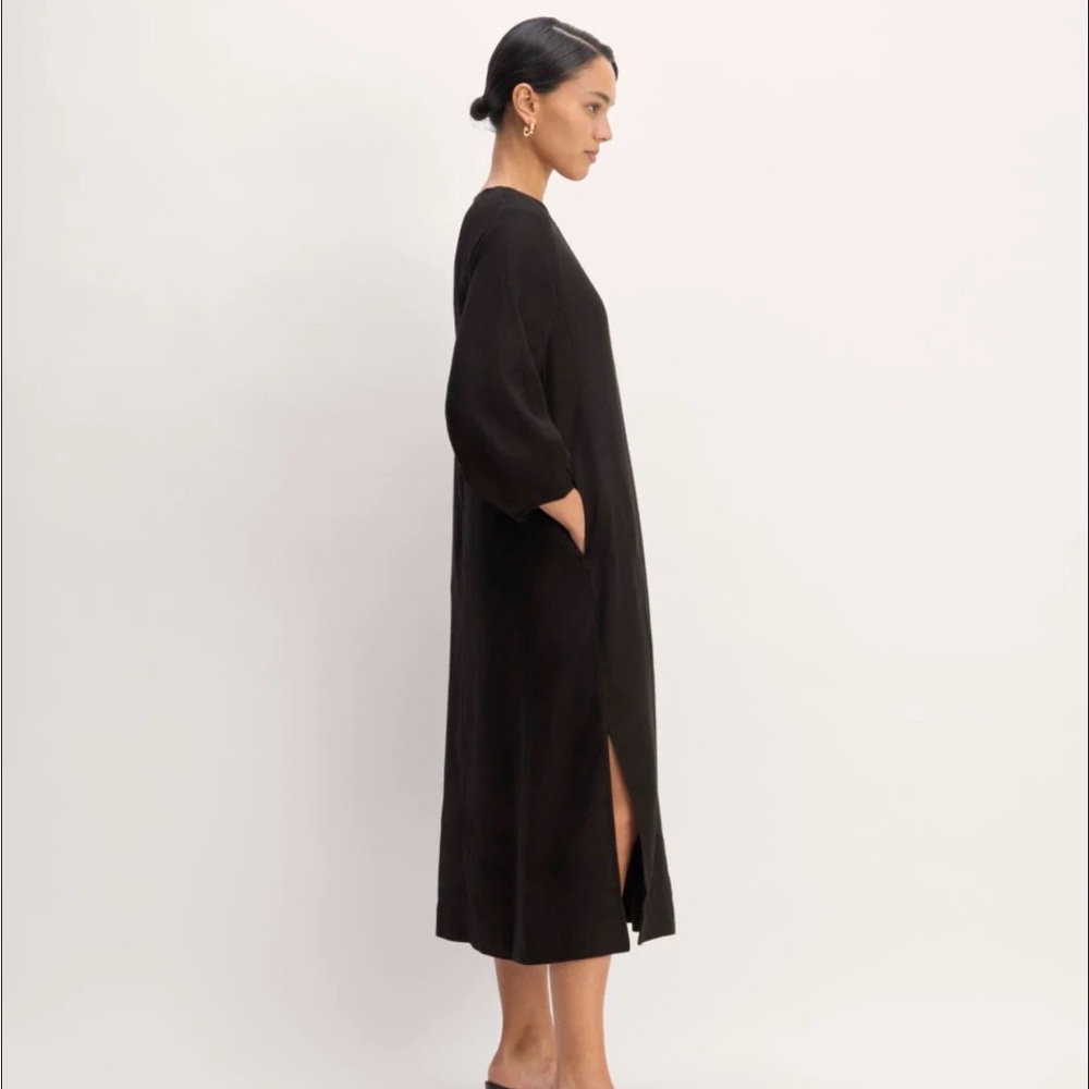 Everlane Black 100% Linen Midi Split-Side Long Sleeve Dress